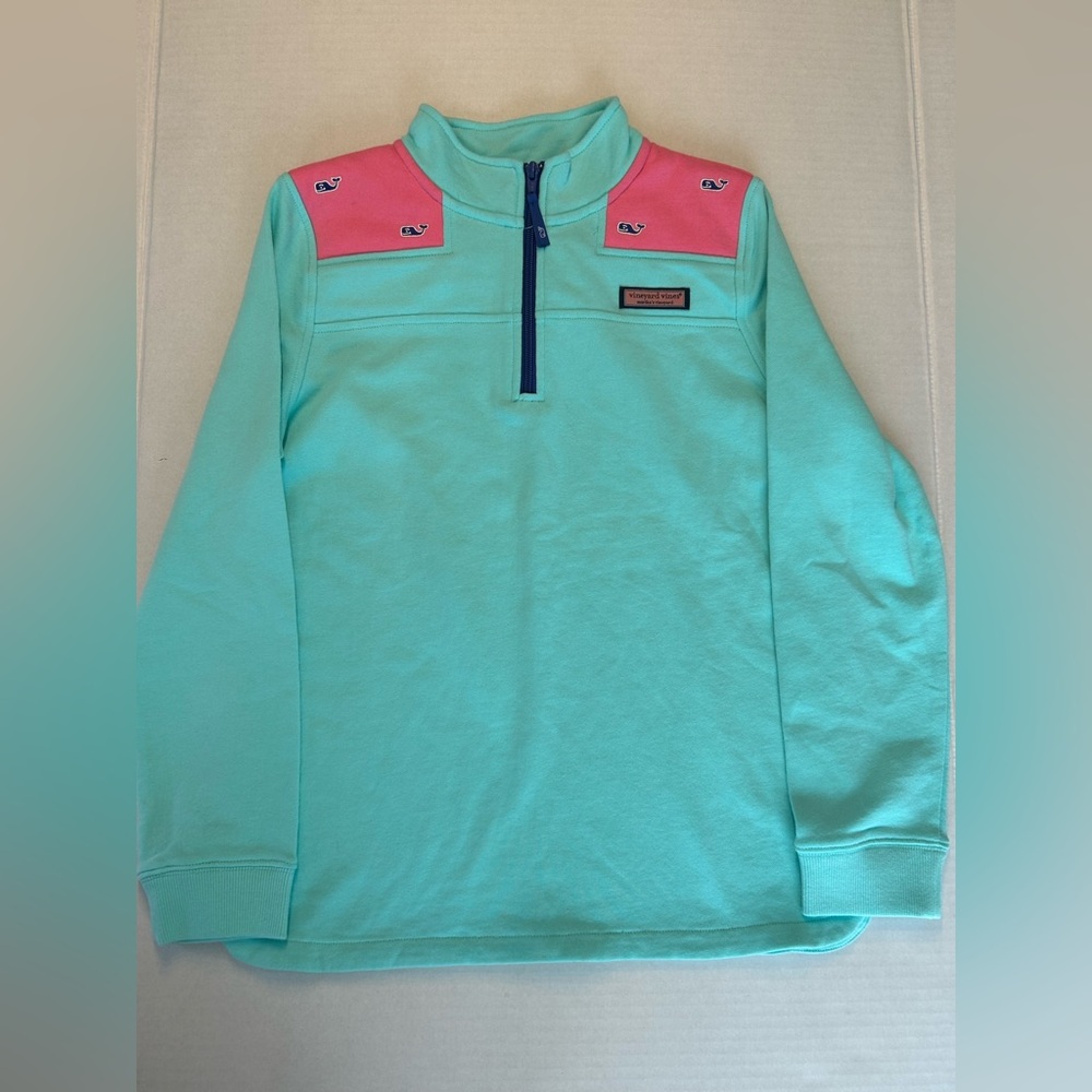 NWOT Vineyard Vines Girls Shep Pullover Sweatshirt Mint Pink Whale Size Large 14